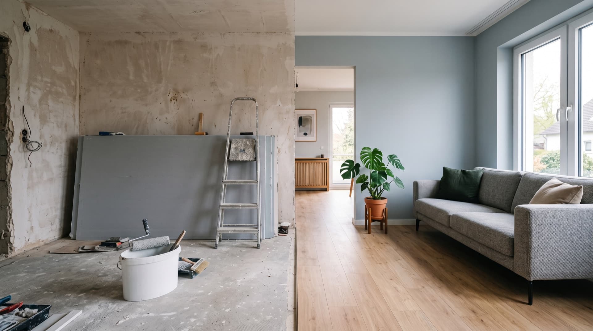 Wohnzimmer während der Renovierung: links unrenovierte Wand mit Leiter und Farbeimer, rechts fertig gestrichen mit neuem Laminatboden