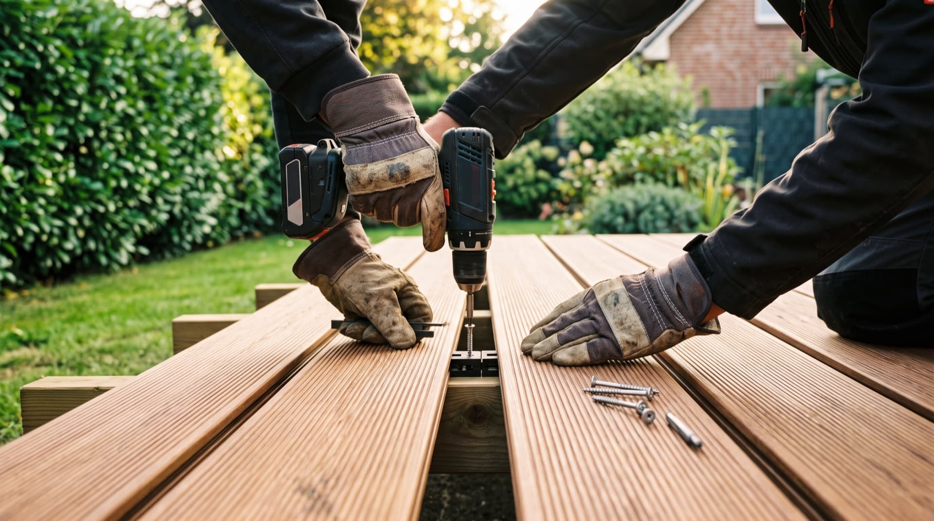 Handwerker verschraubt WPC-Terrassendielen im Garten